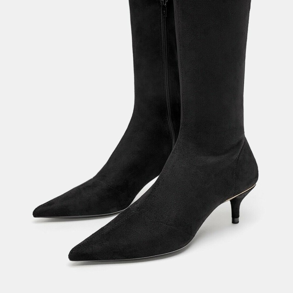 ZARA Black Tall Fabric Thigh High Kitten HEEL OVER-THE-KNEE Boots Black New - Picture 3 of 7